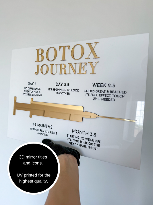 Botox journey acrylic sign in white and gold 