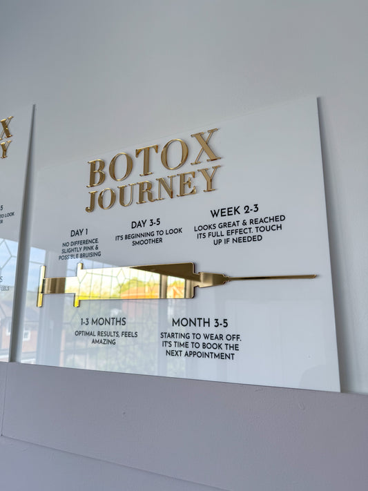 Botox journey acrylic sign in white and gold 