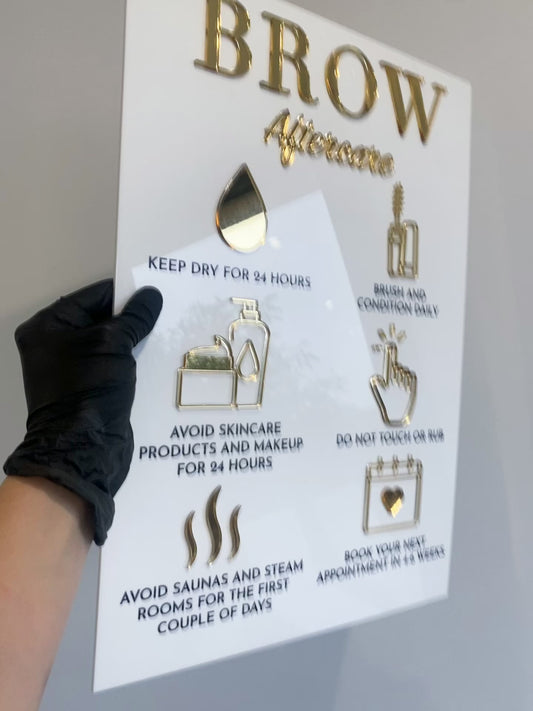Brow aftercare  acrylic sign in white and gold 
