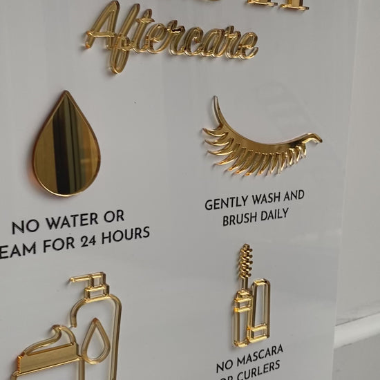 Lash aftercare  acrylic sign in white and gold 