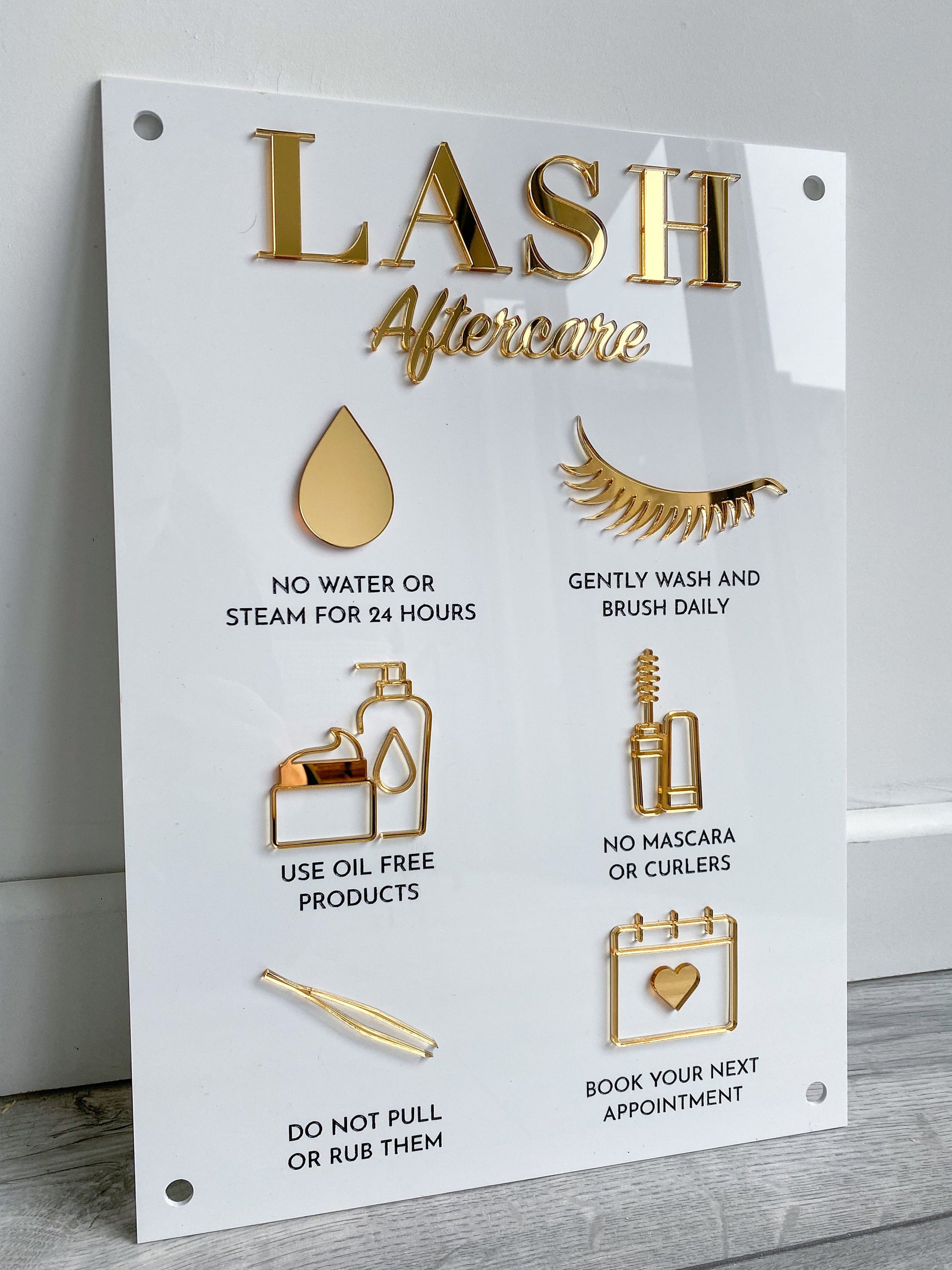 Lash aftercare  acrylic sign in white and gold 